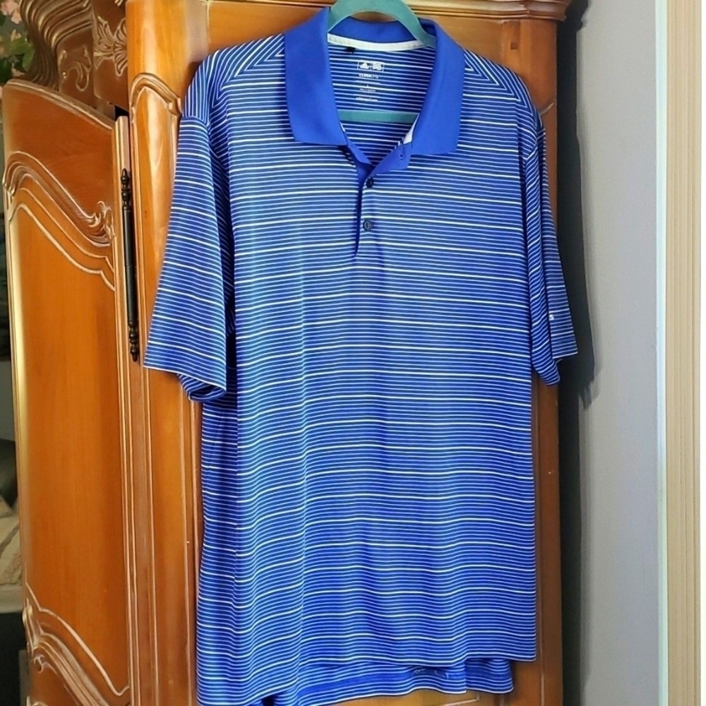 ADIDAS, Mens blue and white striped polo shirt. Size large Great used condition.